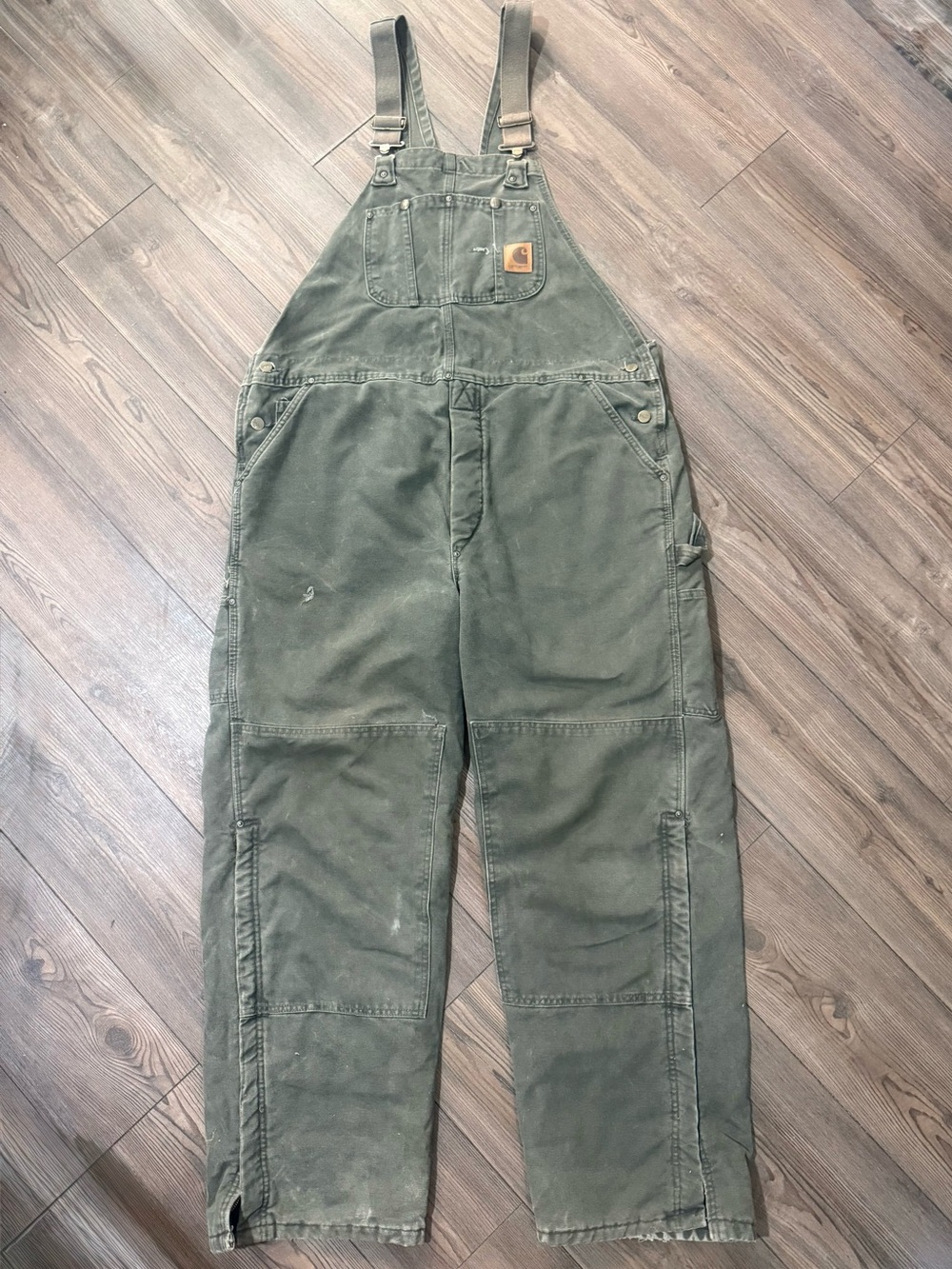 Vintage Carhartt R27 MOS Green Double Knee Insulated Duck Bib Overalls 42x32 USA